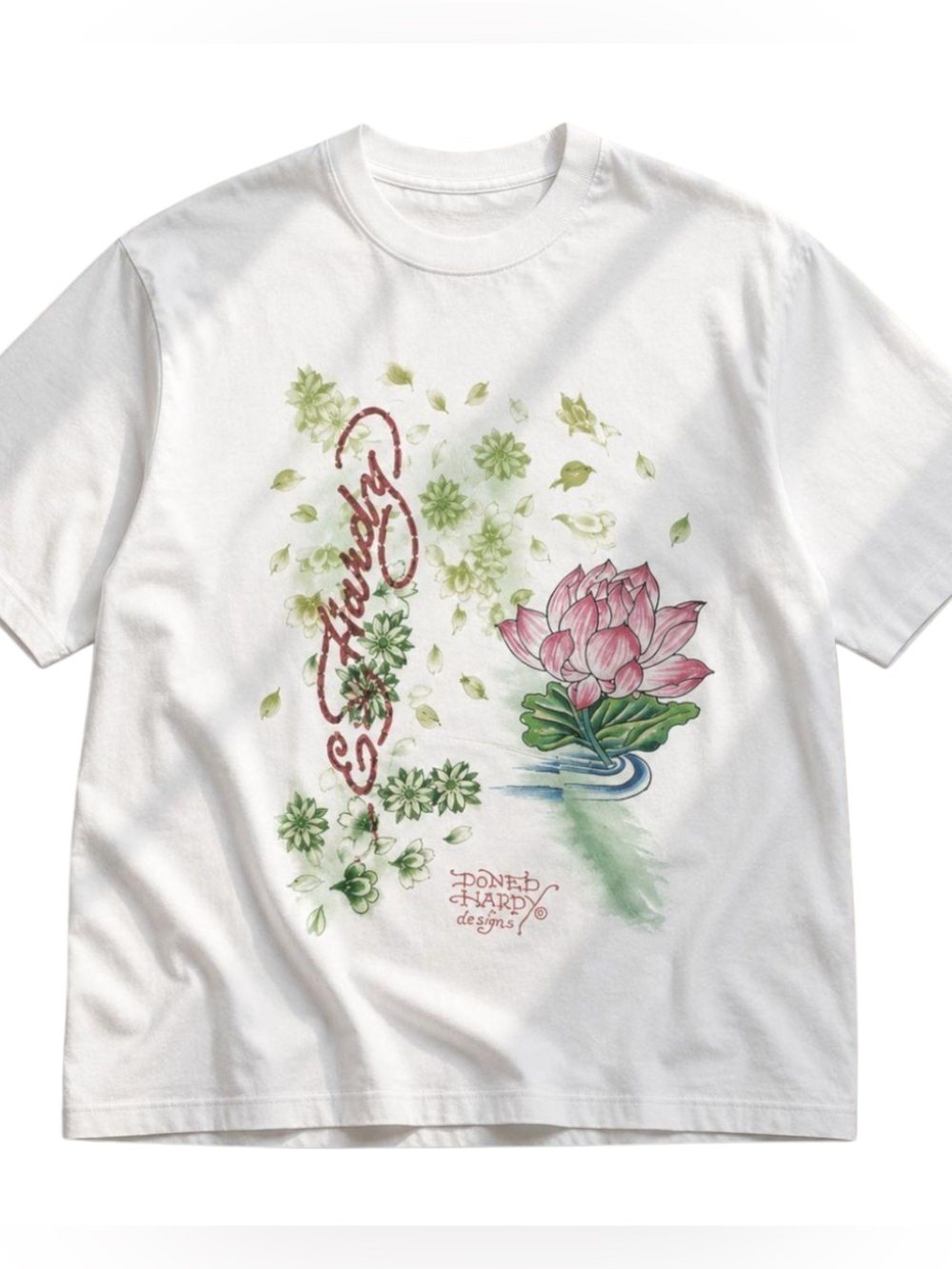 Vintage Ed Hardy White Tee with Pink Lotus and Green Floral Graphic